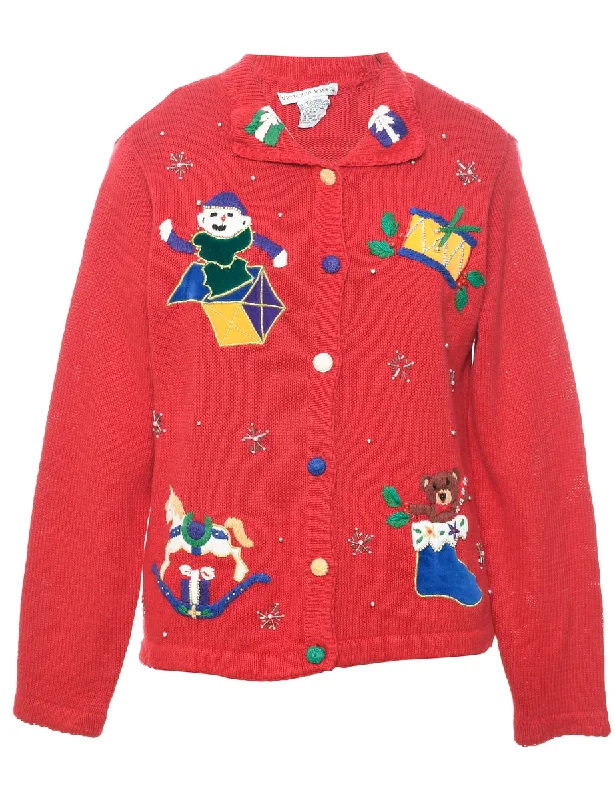 Festive Print Christmas Cardigan - M Chenille Blend Fleece Blend Nylon Blend