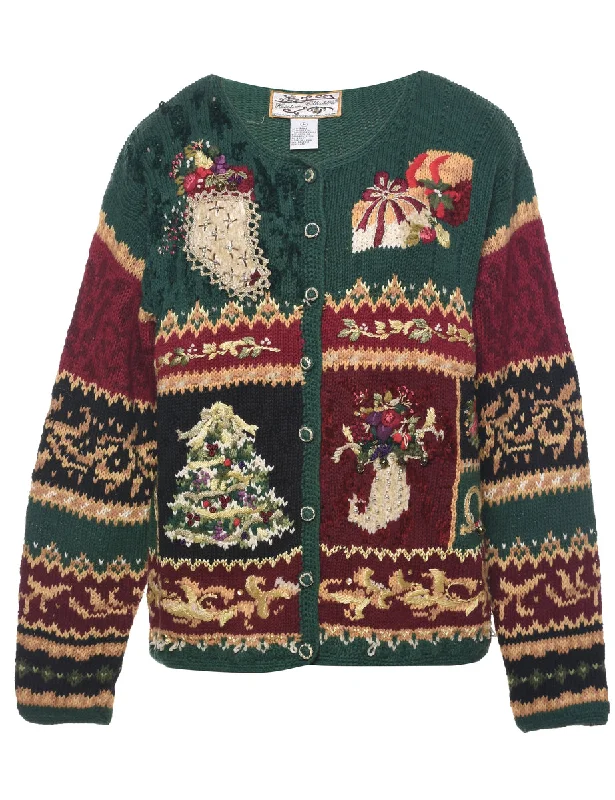 Festive Print Christmas Cardigan - M Spandex Blend Rayon Blend Denim Blend