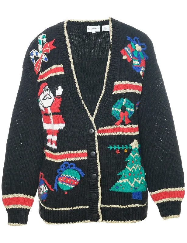 Festive Print Christmas Cardigan - S Houndstooth Herringbone Solid