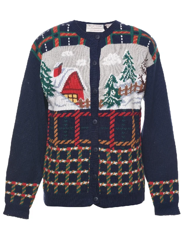 Festive Print Christmas Cardigan - S Print Jacquard Patchwork