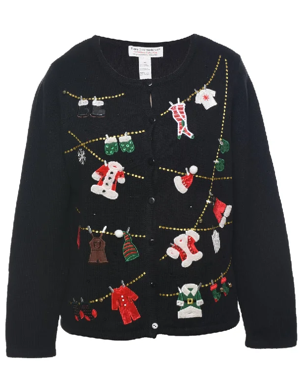 Festive Print Christmas Cardigan - XL Collared Crew Neck Turtle Neck