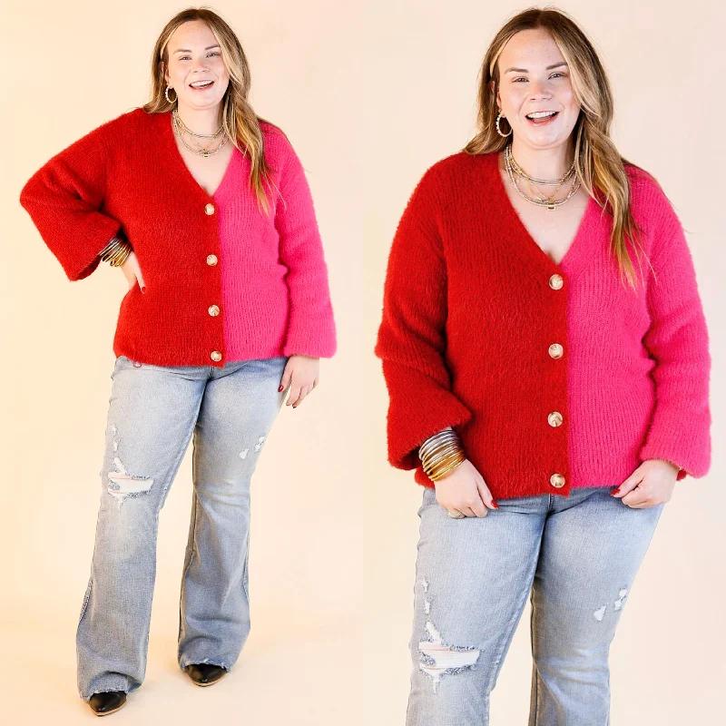 Fireside Feels Color Block Button Up Cardigan with Balloon Sleeves in Hot Pink and Red Ribbed Striped Patterned