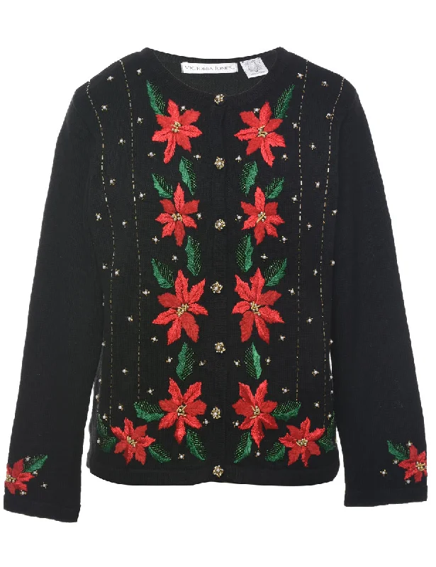 Floral Christmas Cardigan - M Hooded Caped Shawl Collar