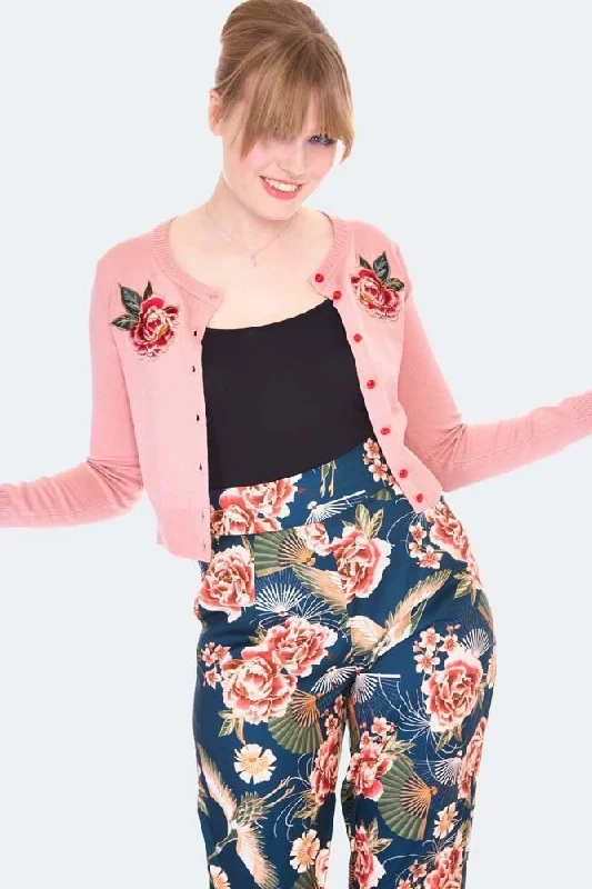 Flower Embroidered Cardigan Houndstooth Herringbone Solid