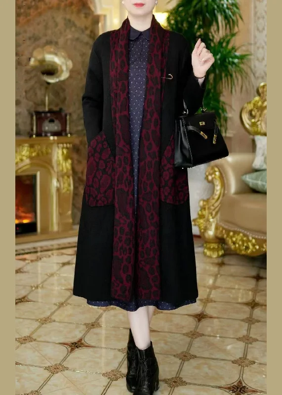 French Black V Neck Pockets Patchwork Knit Cardigans Winter Open Front Closed Front Wrap Front French Black V Neck Pockets Patchwork Knit Cardigans Winter Open Front Closed Front Wrap Front