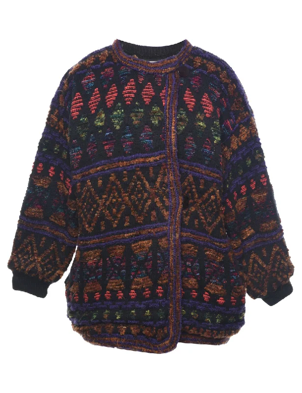Geometric Pattern Cardigan - L Cable Knit Ribbed Knit Lace Knit
