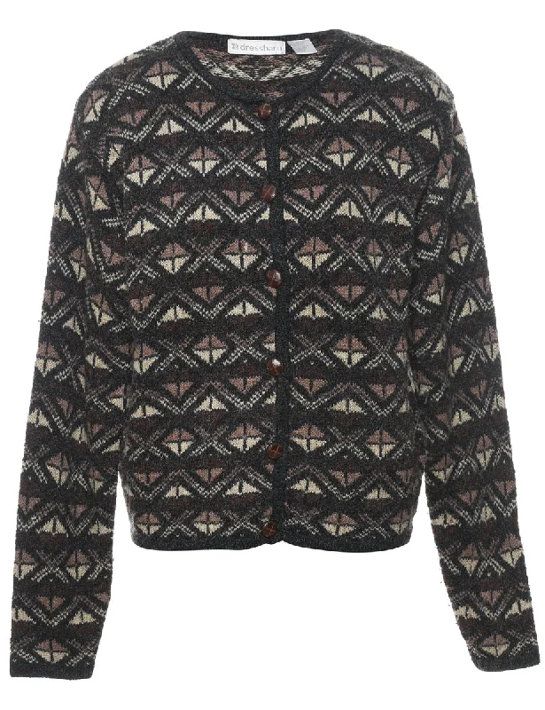 Geometric Pattern Cardigan - L Crew Neck V-Neck Turtle Neck