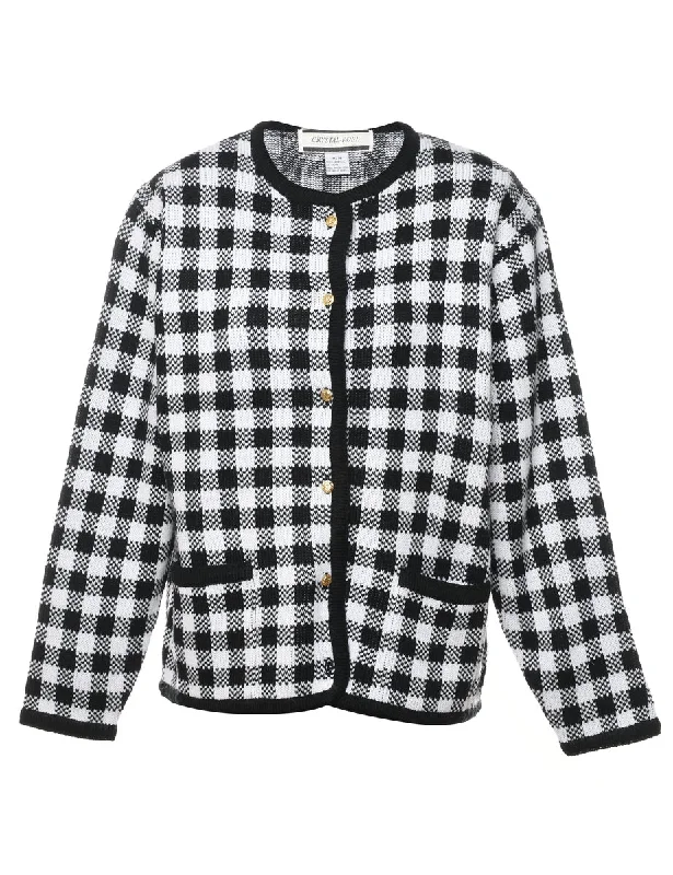 Gingham Pattern Cardigan - M Front Pockets Side Pockets Patch Pockets