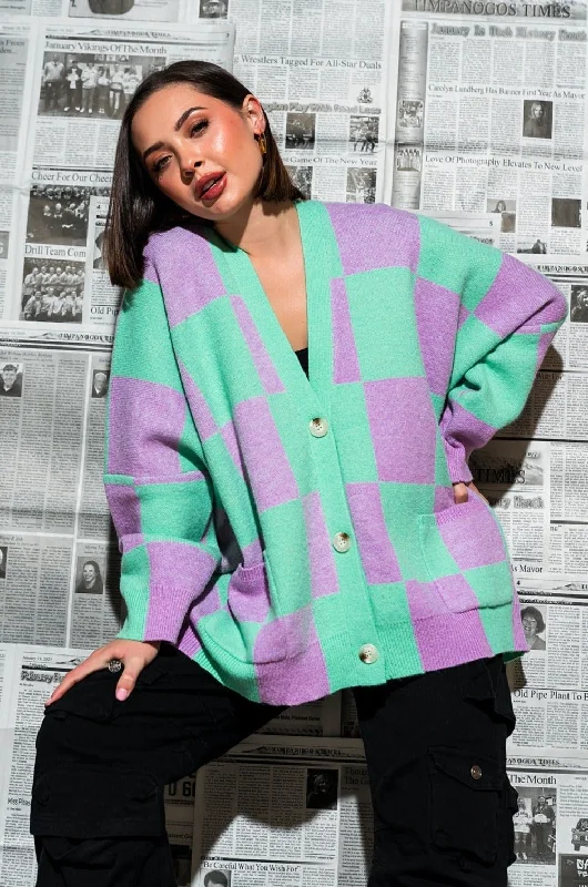 Love You Oversized Checkerboard Cardigan in Lilac + Mint Satin Blend Silk Blend Wool Blend