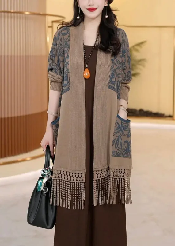 Loose Dark Khaki Tasseled Pockets Knit Cardigans Winter Long Cardigan Short Cardigan Medium Cardigan Loose Dark Khaki Tasseled Pockets Knit Cardigans Winter Long Cardigan Short Cardigan Medium Cardigan
