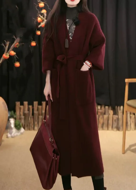 Loose Wine Red V Neck Pockets Tie Waist Knit Cardigans Winter Real Fur Shearling Chenille Loose Wine Red V Neck Pockets Tie Waist Knit Cardigans Winter Real Fur Shearling Chenille