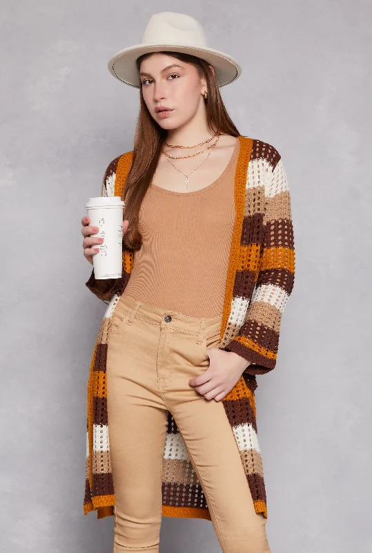 Crochet Striped Long Sleeve Cardigan Thin Thick Dense
