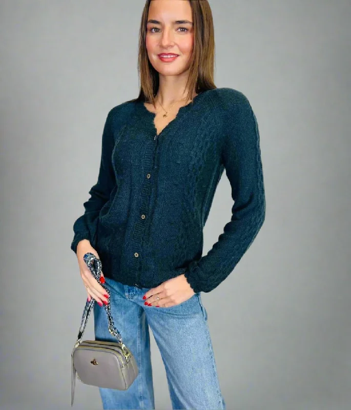 Navy Bobble Trim Cardigan Solid Color Striped Floral Print