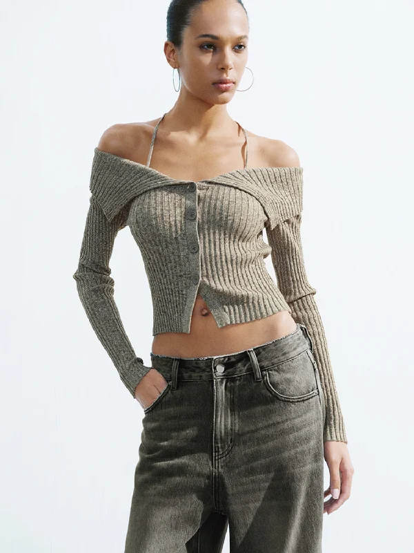 One Shoulder Knitted Cardigans Solid Color Striped Floral Print