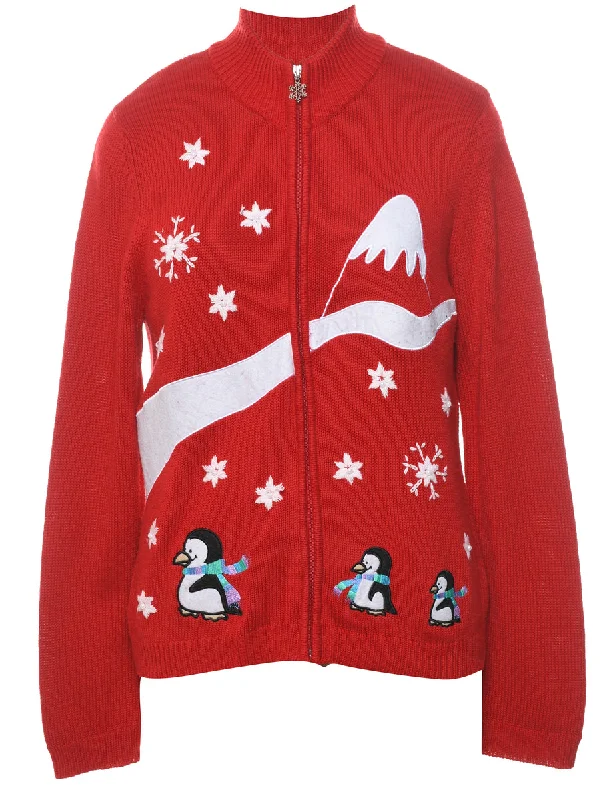 Red Christmas Cardigan - L Welt Pockets Slit Pockets Flap Pockets