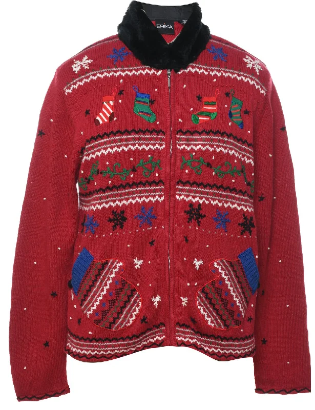 Red Christmas Cardigan - M Cotton Fabric Linen Fabric Terry Fabric