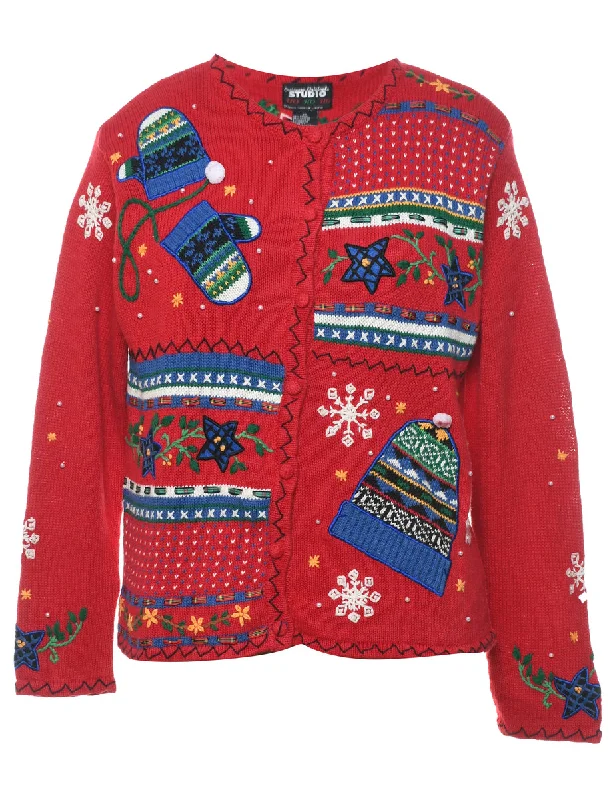 Red Christmas Cardigan - M Faux Fur Fabric Real Fur Fabric Shearling Fabric