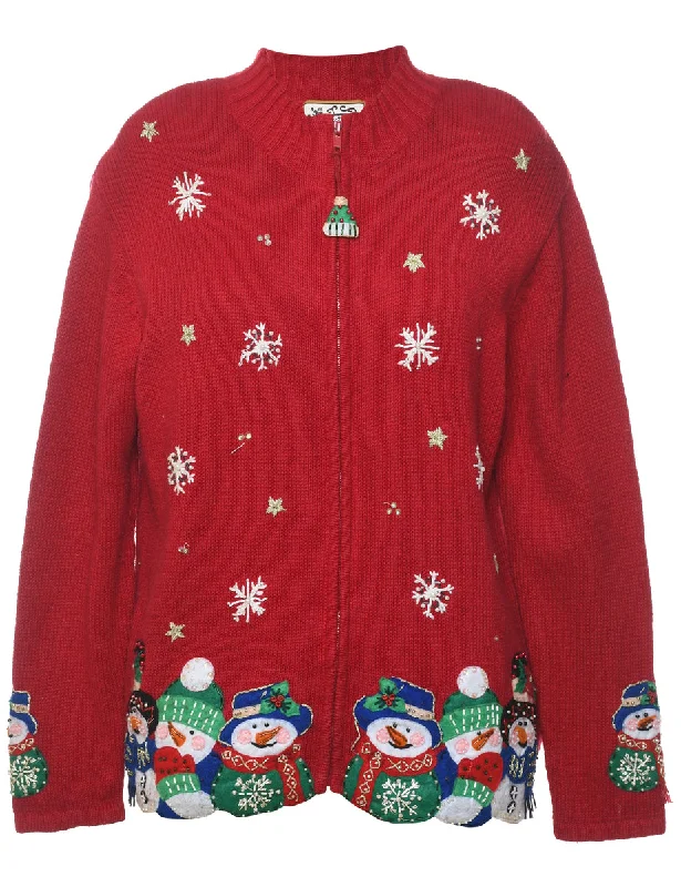 Snowman Christmas Cardigan - M Tailored Straight A-Line
