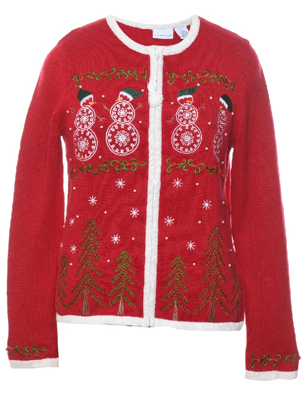 Snowman Christmas Cardigan - S Front Pockets Side Pockets Patch Pockets